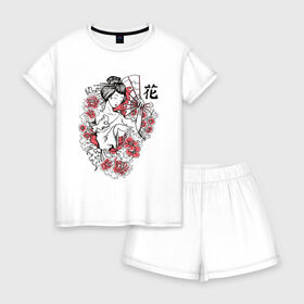 Женская пижама с шортиками хлопок с принтом Гейша в Кировске, 100% хлопок | футболка прямого кроя, шорты свободные с широкой мягкой резинкой | geisha | japan | веер | девушка | женщина | иероглиф | иероглифы | кимоно | рисунок | сакура | цветочки | цветы | япония | японка