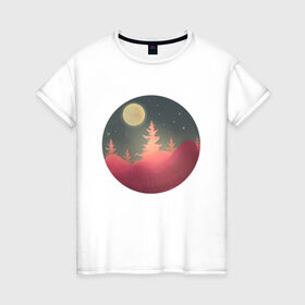Женская футболка хлопок с принтом Полнолуние в Кировске, 100% хлопок | прямой крой, круглый вырез горловины, длина до линии бедер, слегка спущенное плечо | forest | full moon | moon | mountain | nature | night | stars | гора | горы | деревья | звезды | лес | луна | луная ночь | лунная ночь | ночь | пейзаж | полная луна | полнолуние | природа | рисунок
