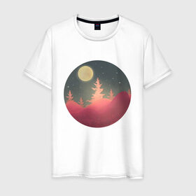 Мужская футболка хлопок с принтом Полнолуние в Кировске, 100% хлопок | прямой крой, круглый вырез горловины, длина до линии бедер, слегка спущенное плечо. | forest | full moon | moon | mountain | nature | night | stars | гора | горы | деревья | звезды | лес | луна | луная ночь | лунная ночь | ночь | пейзаж | полная луна | полнолуние | природа | рисунок