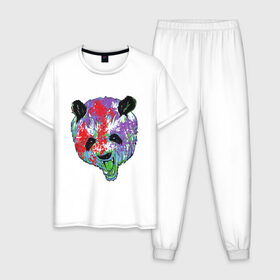 Мужская пижама хлопок с принтом Панда в Кировске, 100% хлопок | брюки и футболка прямого кроя, без карманов, на брюках мягкая резинка на поясе и по низу штанин
 | Тематика изображения на принте: animal | animals | australia | bear | paint | panda | panda bear | австралия | голова | голова панды | животное | зубы | клыки | краска | краски | медведь | медведь панда | панда | пандочка | природа | рисунок