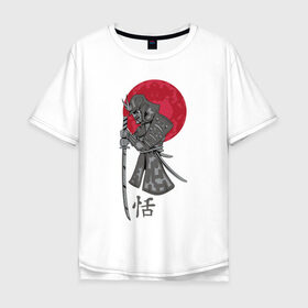 Мужская футболка хлопок Oversize с принтом Самурай в Кировске, 100% хлопок | свободный крой, круглый ворот, “спинка” длиннее передней части | Тематика изображения на принте: japan | katana | moon | samurai | воин | воин самурай | доспехи | доспехи самурая | иероглиф | иероглифы | ироглиф | катана | луна | меч | нагабакама | рисунок | самурай | самурайское кимоно | солнце | хакама