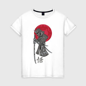 Женская футболка хлопок с принтом Самурай в Кировске, 100% хлопок | прямой крой, круглый вырез горловины, длина до линии бедер, слегка спущенное плечо | japan | katana | moon | samurai | воин | воин самурай | доспехи | доспехи самурая | иероглиф | иероглифы | ироглиф | катана | луна | меч | нагабакама | рисунок | самурай | самурайское кимоно | солнце | хакама