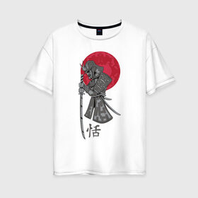 Женская футболка хлопок Oversize с принтом Самурай в Кировске, 100% хлопок | свободный крой, круглый ворот, спущенный рукав, длина до линии бедер
 | japan | katana | moon | samurai | воин | воин самурай | доспехи | доспехи самурая | иероглиф | иероглифы | ироглиф | катана | луна | меч | нагабакама | рисунок | самурай | самурайское кимоно | солнце | хакама