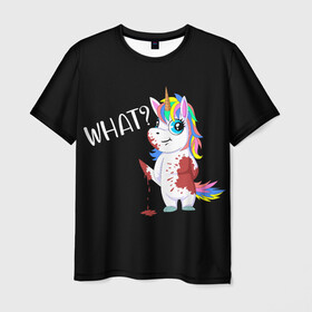 Мужская футболка 3D с принтом What Unicorn в Кировске, 100% полиэфир | прямой крой, круглый вырез горловины, длина до линии бедер | cat | halloween | rainbow | unicorn | what | единорог | единорожек | кот | нож | пушистый | радуга | радужный | хэллоуин | что