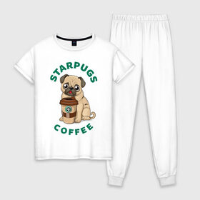 Женская пижама хлопок с принтом Starpugs в Кировске, 100% хлопок | брюки и футболка прямого кроя, без карманов, на брюках мягкая резинка на поясе и по низу штанин | animal | art | coffee | dog | pug | puppy | арт | животное | кофе | мопс | собака | щенок