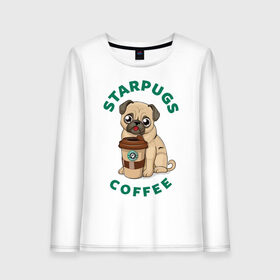 Женский лонгслив хлопок с принтом Starpugs в Кировске, 100% хлопок |  | animal | art | coffee | dog | pug | puppy | арт | животное | кофе | мопс | собака | щенок