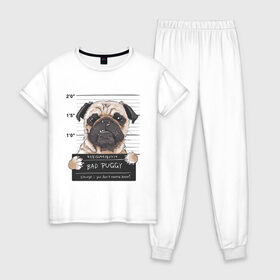 Женская пижама хлопок с принтом Bad Puggy в Кировске, 100% хлопок | брюки и футболка прямого кроя, без карманов, на брюках мягкая резинка на поясе и по низу штанин | animal | art | dog | nameplate | pug | арт | животное | мопс | собака | табличка
