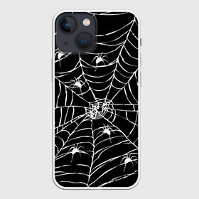 Чехол для iPhone 13 mini с принтом Паутина с пауками в Кировске,  |  | black and white | darkness | halloween | horror | night | spider | web | готика | жуки | жуткий | мальчикам | насекомые | нечисть | нити | ночные | ночь | пауки | паутина | подарок | сетка | страшный | темный | тьма | хеллоуин | хоррор
