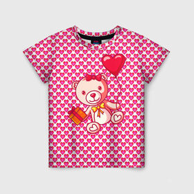 Детская футболка 3D с принтом Медвежонок сюрприз в Кировске, 100% гипоаллергенный полиэфир | прямой крой, круглый вырез горловины, длина до линии бедер, чуть спущенное плечо, ткань немного тянется | baby | bear | love is | teddy | valentines | бабочка | бантик | валентина | влюбленный | воздушный шарик | девочка | игрушка | лучшая мама | любимая жена | люблю | любовь | малыш | марта | медведь | медвежата | милый
