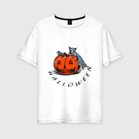 Женская футболка хлопок Oversize с принтом Bat and pumpkin-still life в Кировске, 100% хлопок | свободный крой, круглый ворот, спущенный рукав, длина до линии бедер
 | helloween | день всех святых | летучая мышь | тыква | хеллуин