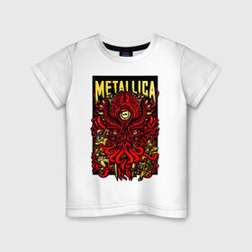 Детская футболка хлопок с принтом Metallica в Кировске, 100% хлопок | круглый вырез горловины, полуприлегающий силуэт, длина до линии бедер | fangs | group | horns | metallica | neon | octopus | thrash metal | группа | клыки | неон | рога | спрут | трэш металл