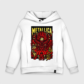 Детское худи Oversize хлопок с принтом Metallica в Кировске, френч-терри — 70% хлопок, 30% полиэстер. Мягкий теплый начес внутри —100% хлопок | боковые карманы, эластичные манжеты и нижняя кромка, капюшон на магнитной кнопке | Тематика изображения на принте: fangs | group | horns | metallica | neon | octopus | thrash metal | группа | клыки | неон | рога | спрут | трэш металл