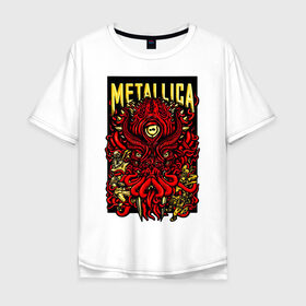 Мужская футболка хлопок Oversize с принтом Metallica в Кировске, 100% хлопок | свободный крой, круглый ворот, “спинка” длиннее передней части | fangs | group | horns | metallica | neon | octopus | thrash metal | группа | клыки | неон | рога | спрут | трэш металл