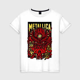 Женская футболка хлопок с принтом Metallica в Кировске, 100% хлопок | прямой крой, круглый вырез горловины, длина до линии бедер, слегка спущенное плечо | fangs | group | horns | metallica | neon | octopus | thrash metal | группа | клыки | неон | рога | спрут | трэш металл