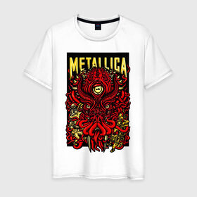 Мужская футболка хлопок с принтом Metallica в Кировске, 100% хлопок | прямой крой, круглый вырез горловины, длина до линии бедер, слегка спущенное плечо. | fangs | group | horns | metallica | neon | octopus | thrash metal | группа | клыки | неон | рога | спрут | трэш металл
