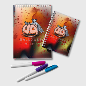 Блокнот с принтом Bat and pumpkin в Кировске, 100% бумага | 48 листов, плотность листов — 60 г/м2, плотность картонной обложки — 250 г/м2. Листы скреплены удобной пружинной спиралью. Цвет линий — светло-серый
 | Тематика изображения на принте: halloween | hallowen | halowen | helloween | день всех святых | летучая мышь | тыква | халовен | халовин | хеллуин | хеловин