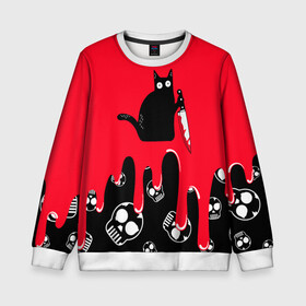 Детский свитшот 3D с принтом WHAT CAT в Кировске, 100% полиэстер | свободная посадка, прямой крой, мягкая тканевая резинка на рукавах и понизу свитшота | art | black | black cat | cat | dark | dark cat | halloween | what | what cat | what mem | арт | кот | кот арт | кот мем | мем | нож | праздник | прикол | прикольный кот | убица | хэллоуин | чёрный | чёрный кот | что | что мем