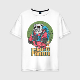 Женская футболка хлопок Oversize с принтом Кибер Панда в Кировске, 100% хлопок | свободный крой, круглый ворот, спущенный рукав, длина до линии бедер
 | art | bear | costume | cyber | drawing | jetpack | panda | planet | арт | кибер | костюм | медведь | панда | планета | реактивный ранец | рисунок