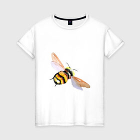 Женская футболка хлопок с принтом Шмель полосатый в Кировске, 100% хлопок | прямой крой, круглый вырез горловины, длина до линии бедер, слегка спущенное плечо | акварель | желтый | крылья | летать | насекомое | полоски | природа | черный | шмель