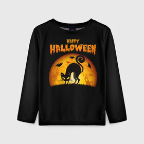 Детский лонгслив 3D с принтом Helloween в Кировске, 100% полиэстер | длинные рукава, круглый вырез горловины, полуприлегающий силуэт
 | halloween | ведьма | летучая мышь | полнолуние | привидение | призрак | тыква | хеллоуин | хелуин | хэллоин | хэллоуин | хэлоуин | хэлуин | черный кот