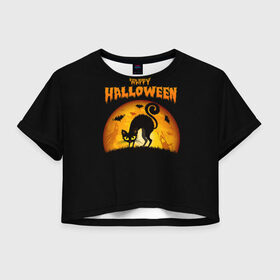 Женская футболка Crop-top 3D с принтом Helloween в Кировске, 100% полиэстер | круглая горловина, длина футболки до линии талии, рукава с отворотами | halloween | ведьма | летучая мышь | полнолуние | привидение | призрак | тыква | хеллоуин | хелуин | хэллоин | хэллоуин | хэлоуин | хэлуин | черный кот