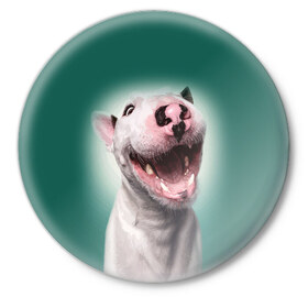 Значок с принтом Bully в Кировске,  металл | круглая форма, металлическая застежка в виде булавки | bull terrier | ears | eyes | fangs | jaw | muzzle | nose | smile | бультерьер | глаза | клыки | нос | пасть | улыбка | уши