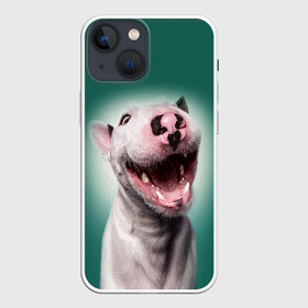 Чехол для iPhone 13 mini с принтом Bully в Кировске,  |  | Тематика изображения на принте: bull terrier | ears | eyes | fangs | jaw | muzzle | nose | smile | бультерьер | глаза | клыки | нос | пасть | улыбка | уши