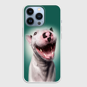 Чехол для iPhone 13 Pro с принтом Bully в Кировске,  |  | Тематика изображения на принте: bull terrier | ears | eyes | fangs | jaw | muzzle | nose | smile | бультерьер | глаза | клыки | нос | пасть | улыбка | уши