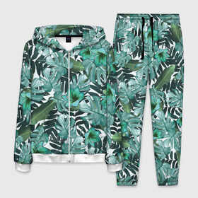 Мужской костюм 3D с принтом Зеленые тропические цветы в Кировске, 100% полиэстер | Манжеты и пояс оформлены тканевой резинкой, двухслойный капюшон со шнурком для регулировки, карманы спереди | 