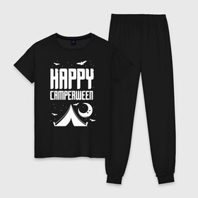 Женская пижама хлопок с принтом Happy camperween в Кировске, 100% хлопок | брюки и футболка прямого кроя, без карманов, на брюках мягкая резинка на поясе и по низу штанин | 31 октября | halloween | halowen | ведьма | день всех святых | джек | костюм | кровь | лого | монстр | надпись | праздник | приведение | призрак | светильник | символ | страшная | тыква | ужасы | хеллоуин | хеллуин