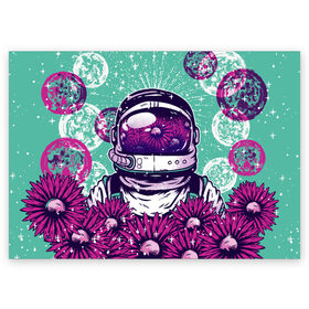 Поздравительная открытка с принтом Цветочный Астронавт в Кировске, 100% бумага | плотность бумаги 280 г/м2, матовая, на обратной стороне линовка и место для марки
 | astronaut | cosmonaut | daisy | floral | flowers | galaxy | helmet | peace | planet | planets | retro | space | spacesuit | suit | винтаж | галактика | космонавт | космос | мир | планета | планеты | ретро | ромашки | скафандр | цветок | цвет