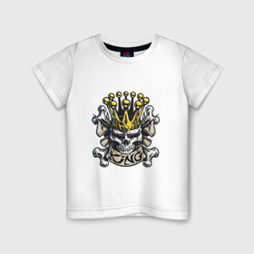 Детская футболка хлопок с принтом Король в Кировске, 100% хлопок | круглый вырез горловины, полуприлегающий силуэт, длина до линии бедер | арт | белый | вектор | жёлтый | золотой | зубы | король | корона | кости | пират | рисунок | череп | чёрный