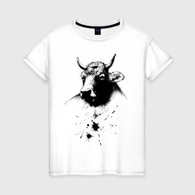 Женская футболка хлопок с принтом Бык в Кировске, 100% хлопок | прямой крой, круглый вырез горловины, длина до линии бедер, слегка спущенное плечо | 2021 | бык | год быка | год коровы | новый год | символ года