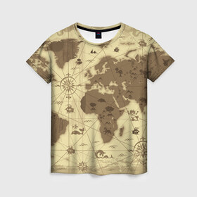 Женская футболка 3D с принтом Карта мира в Кировске, 100% полиэфир ( синтетическое хлопкоподобное полотно) | прямой крой, круглый вырез горловины, длина до линии бедер | география | карта | карта мира | корабли | моряки