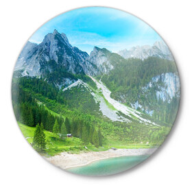 Значок с принтом Альпийские горы в Кировске,  металл | круглая форма, металлическая застежка в виде булавки | Тематика изображения на принте: альпийские горы | альпы | гора | горы | озеро