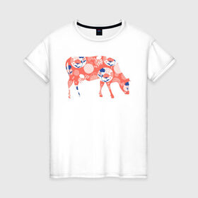 Женская футболка хлопок с принтом корова с цветами в Кировске, 100% хлопок | прямой крой, круглый вырез горловины, длина до линии бедер, слегка спущенное плечо | 2021 | бык | год быка | год коровы | корова | новый год | символ года