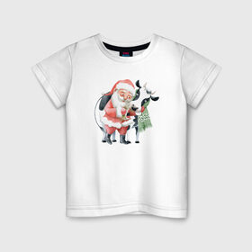 Детская футболка хлопок с принтом дед мороз с коровкой в Кировске, 100% хлопок | круглый вырез горловины, полуприлегающий силуэт, длина до линии бедер | 2021 | бык | год быка | год коровы | новый год | символ года