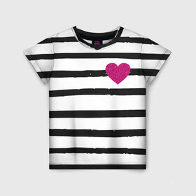 Детская футболка 3D с принтом Сердце с полосками в Кировске, 100% гипоаллергенный полиэфир | прямой крой, круглый вырез горловины, длина до линии бедер, чуть спущенное плечо, ткань немного тянется | любовь | милый | модный | полоски | розовый | семья | сердце | чёрный