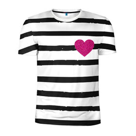 Мужская футболка 3D спортивная с принтом Сердце с полосками в Кировске, 100% полиэстер с улучшенными характеристиками | приталенный силуэт, круглая горловина, широкие плечи, сужается к линии бедра | Тематика изображения на принте: любовь | милый | модный | полоски | розовый | семья | сердце | чёрный