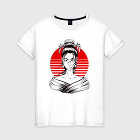 Женская футболка хлопок с принтом Гейша в Кировске, 100% хлопок | прямой крой, круглый вырез горловины, длина до линии бедер, слегка спущенное плечо | anime | art | beauty | geisha | japan | japanese | manga | trend | woman | аниме | арт | восходящее | дневник | дневники | женщина | иллюстрация | искусство | красное | красота | манга | мода | портрет | символ | солнце | страна