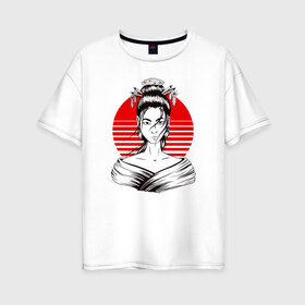 Женская футболка хлопок Oversize с принтом Гейша в Кировске, 100% хлопок | свободный крой, круглый ворот, спущенный рукав, длина до линии бедер
 | anime | art | beauty | geisha | japan | japanese | manga | trend | woman | аниме | арт | восходящее | дневник | дневники | женщина | иллюстрация | искусство | красное | красота | манга | мода | портрет | символ | солнце | страна