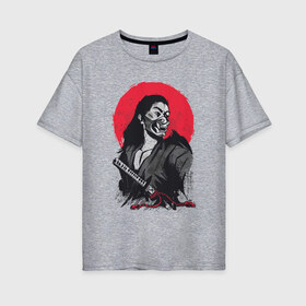 Женская футболка хлопок Oversize с принтом Японский Воин Самурай в Кировске, 100% хлопок | свободный крой, круглый ворот, спущенный рукав, длина до линии бедер
 | art | blade | blood | illustration | japan | japanese | katana | mask | moon | ronin | samurai | sekiro | shogun | sword | tsushima | warrior | арт | в маске | иллюстрация | катана | кровавая | луна | мерч | меч | отступник | ронин | сегун |