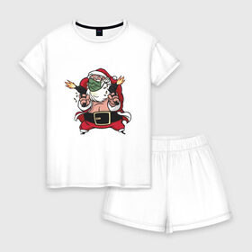 Женская пижама с шортиками хлопок с принтом Злой Санта с пулемётами в Кировске, 100% хлопок | футболка прямого кроя, шорты свободные с широкой мягкой резинкой | 