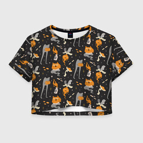 Женская футболка Crop-top 3D с принтом Halloween Monsters в Кировске, 100% полиэстер | круглая горловина, длина футболки до линии талии, рукава с отворотами | angry | art | cat | creatures | flame | grumpy | horror | kitten | kitty | merch | pussy | pussycat | арт | грибы | злые | иллюстрация | котенок | кошка | кринж | мерч | монстры | наряд | недовольные | огонь | паттерн | сердитые | создания
