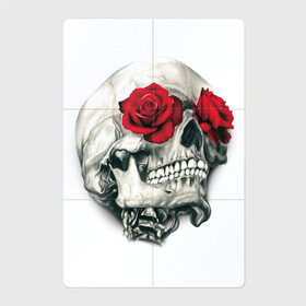 Магнитный плакат 2Х3 с принтом Череп с розами в Кировске, Полимерный материал с магнитным слоем | 6 деталей размером 9*9 см | арт | белый | вектор | зубы | карандаш | красная роза | красные розы | рисунок | рисунок карандаш | роза | розы | череп | чёрный