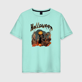 Женская футболка хлопок Oversize с принтом Хеллоуин(пиво) в Кировске, 100% хлопок | свободный крой, круглый ворот, спущенный рукав, длина до линии бедер
 | halloween | гадания | игры | летучие | мертвых | момо | мыши | нечистые | праздик | силы | тыквы | хеллоуин