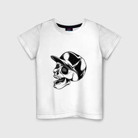 Детская футболка хлопок с принтом Череп в кепке в Кировске, 100% хлопок | круглый вырез горловины, полуприлегающий силуэт, длина до линии бедер | арт | белый | в кепке | вектор | кепка | рисунок | скелет | череп | чёрный