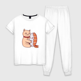 Женская пижама хлопок с принтом Котик обнимается с суши в Кировске, 100% хлопок | брюки и футболка прямого кроя, без карманов, на брюках мягкая резинка на поясе и по низу штанин | Тематика изображения на принте: cat | cats | cute | hug | hugs | kawaii | kitten | kitty | neko | nigiri | pussy | pussycat | sushi | арт | кавайи | кавайный | киса | киска | кот | котенок | котики | котята | кошка | кошки | милота | милые | милый | неко | нигири | обнимашк