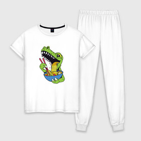 Женская пижама хлопок с принтом Ти Рекс ест Рамен в Кировске, 100% хлопок | брюки и футболка прямого кроя, без карманов, на брюках мягкая резинка на поясе и по низу штанин | anime | cute | dino | dinosaur | kanji | kawaii | manga | rex | sushi | t rex | анимешный | грааль | динозаврик | иероглифы | катакана | кушает | лапша | макароны | манга | милота | милый | повелитель | рамен | рекс | суп | суши