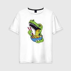 Женская футболка хлопок Oversize с принтом Ти Рекс ест Рамен в Кировске, 100% хлопок | свободный крой, круглый ворот, спущенный рукав, длина до линии бедер
 | anime | cute | dino | dinosaur | kanji | kawaii | manga | rex | sushi | t rex | анимешный | грааль | динозаврик | иероглифы | катакана | кушает | лапша | макароны | манга | милота | милый | повелитель | рамен | рекс | суп | суши